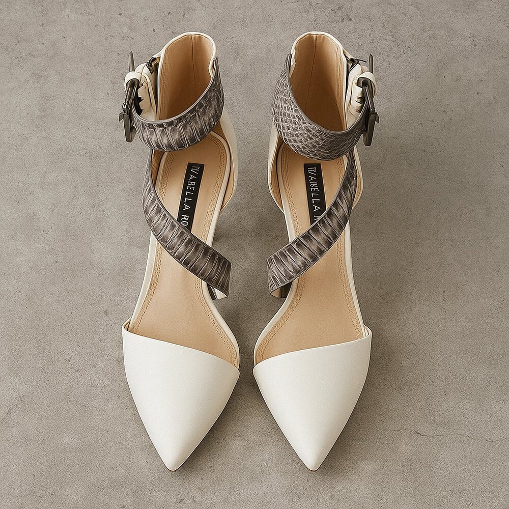 White and snake skin heels with belt buckle strap